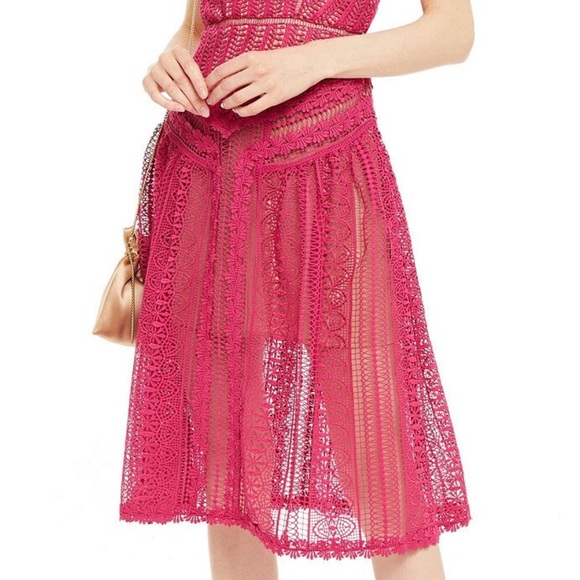 Self-Portrait Fuchsia Guipure Lace Spiral Midi Dress, Nude Lining, US4, UK8 EX++ - Picture 5 of 10
